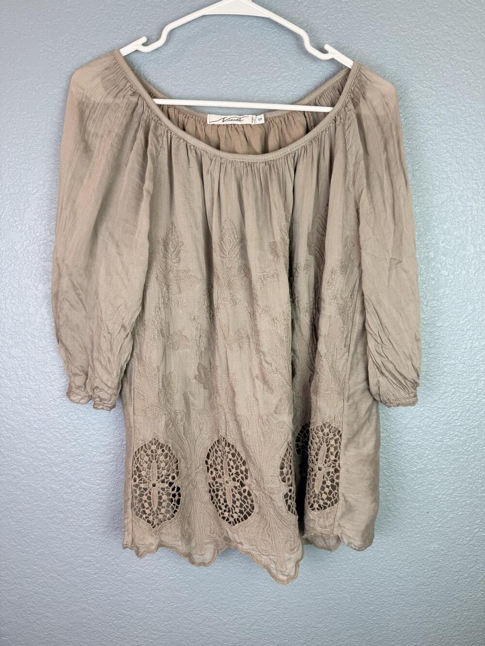 Nicole Blouse Womens Small Beige Floral Embroidered Crochet Hem Tunic Boho Top